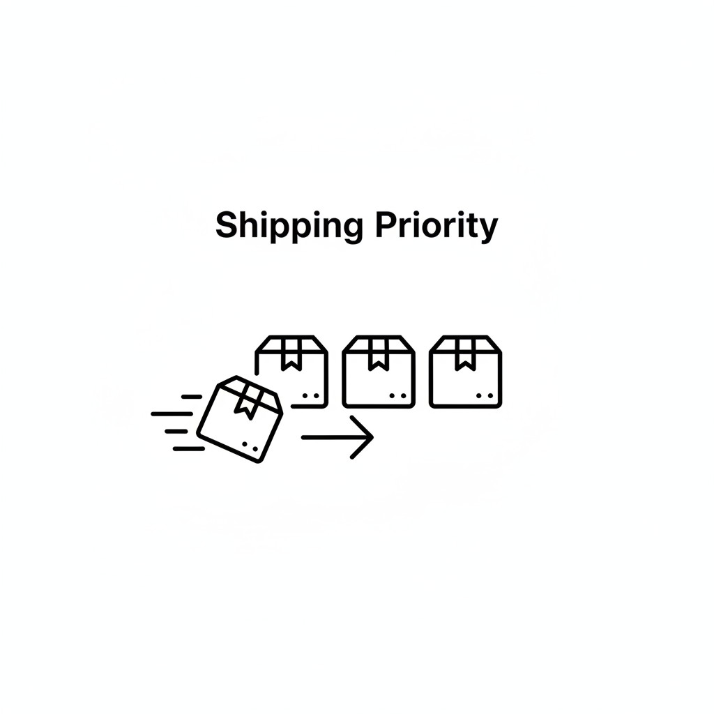 Black line infographic showing a parcel moving to the front of a shipping queue on a white background