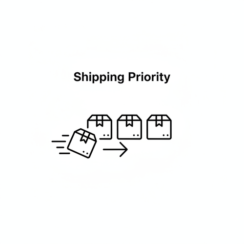 Black line infographic showing a parcel moving to the front of a shipping queue on a white background